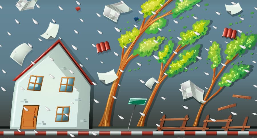 Illustration of a storm striking a residence and the immediate surroundings
