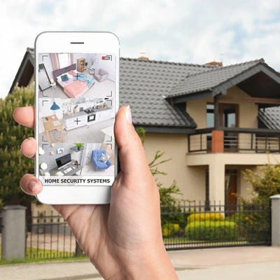 Birmingham vivint phone display of cctv live feed in front of a house